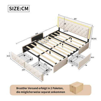 Modern Double Bed 140/160x200cm with LED Lighting, 4-Drawer Headboard, Adjustable Frame & Storage