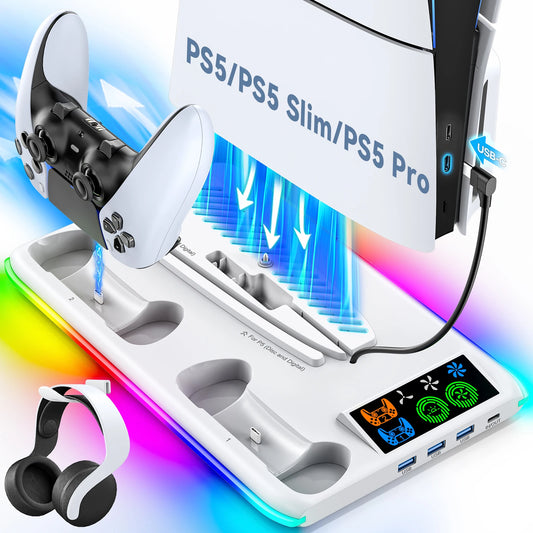 for PS5/PS5 Slim/PS5 Pro Stand with Headphone Hook Cooling