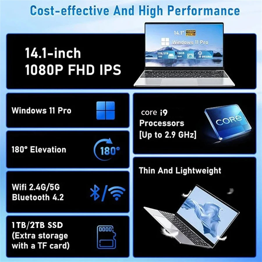 2026 New Core i9 10980HK Portable Laptop Computer 16GB DDR4 1TB 2TB SSD 14.1" Notebook Windows 11 Pro 4K Office Study Gaming PC