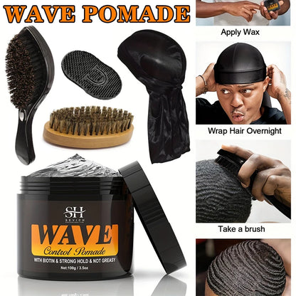 100g Waves Control Pomade Set 360 Wavy Hair Oil With Brush