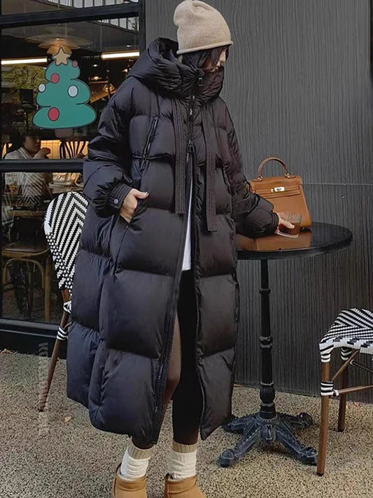 Women’s Korean Long Down Cotton Padded Jacket – Thick Hooded Winter Overcoat Solid Warm Topcoat 2026