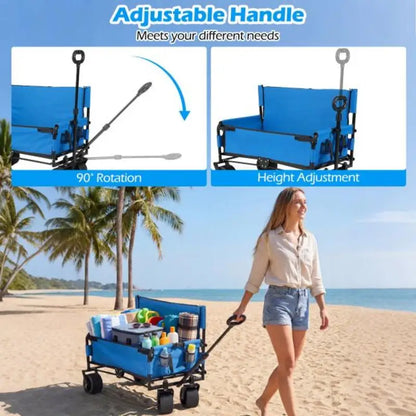 2-in-1 Folding Beach Cart & Bench – Heavy Duty Transport Wagon with Adjustable Push/Pull Handle, Soft Cushions & All-Terrain Wheels – Blue