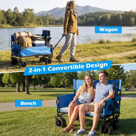 2-in-1 Folding Beach Cart & Bench – Heavy Duty Transport Wagon with Adjustable Push/Pull Handle, Soft Cushions & All-Terrain Wheels – Blue