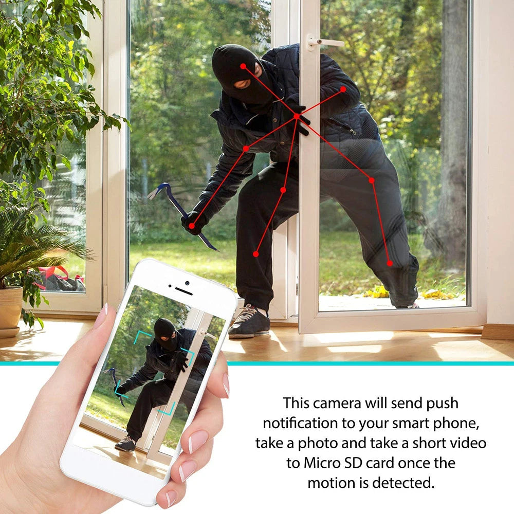 Mini Telecamera WiFi 1080P – Rilevamento Movimento, Visione Remota, 120°, Microfono, MicroSD fino a 128GB