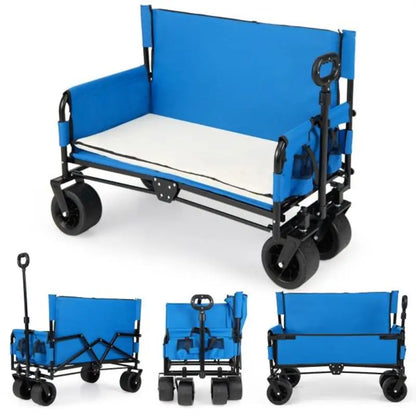 2-in-1 Folding Beach Cart & Bench – Heavy Duty Transport Wagon with Adjustable Push/Pull Handle, Soft Cushions & All-Terrain Wheels – Blue