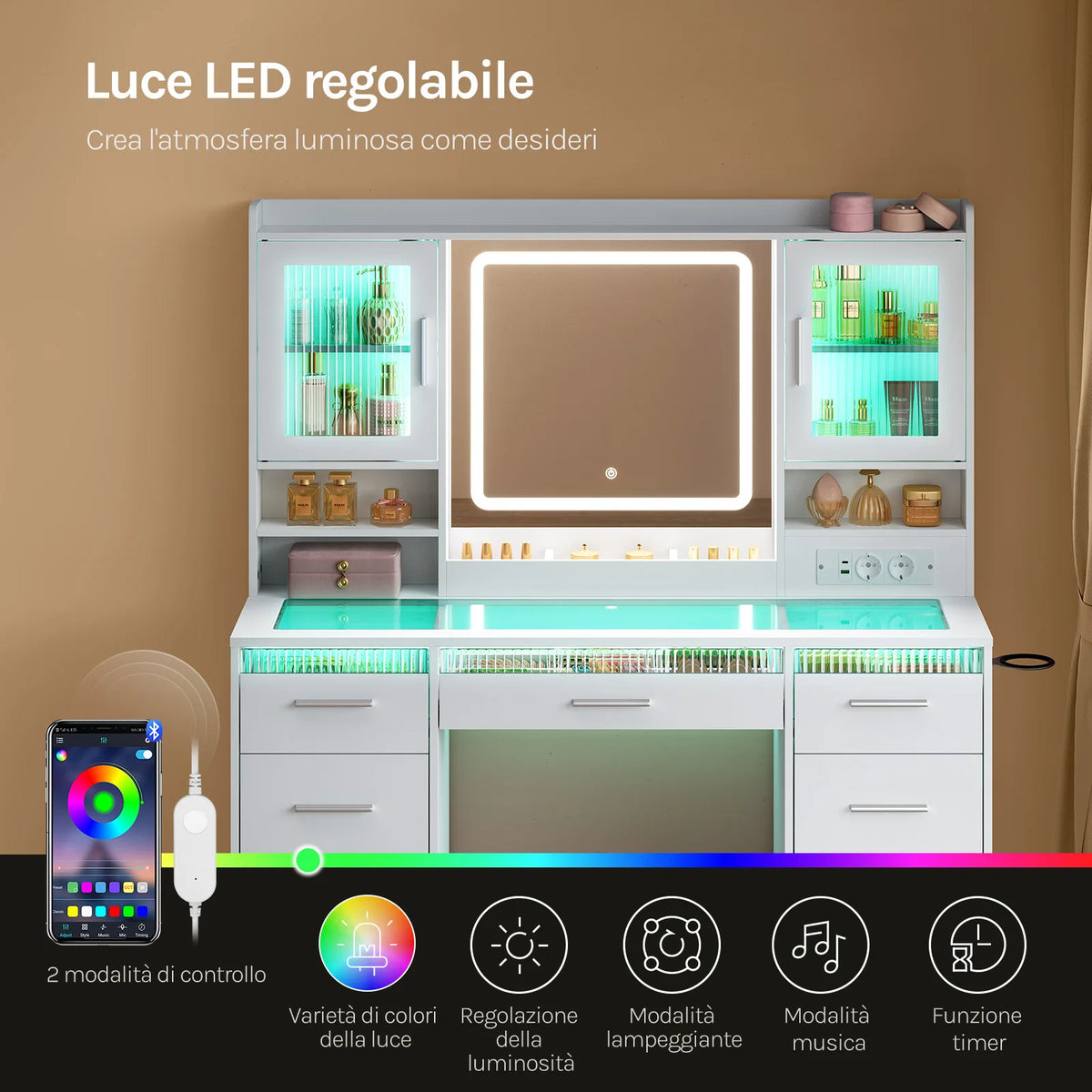 WOLTU Makeup Vanity Table with RGB LED Lighting – Dressing Table with Mirror, 9 Drawers, Glass Top & Storage Cabinets for Bedroom