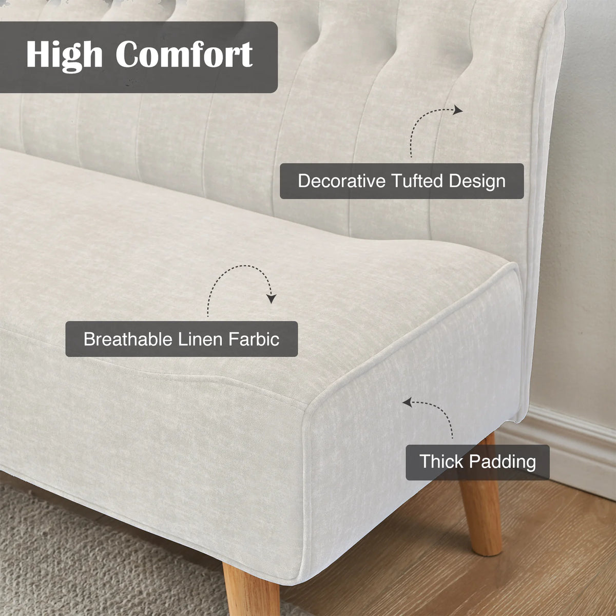 Modern 2 Seater Loveseat Sofa with Linen Upholstery and Wooden Legs Double Sofa for Small Spaces Living room Bedroom Playroom