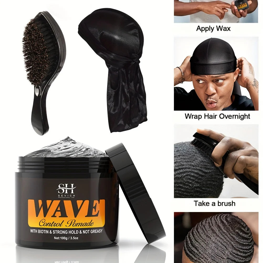 100g Waves Control Pomade Set 360 Wavy Hair Oil With Brush