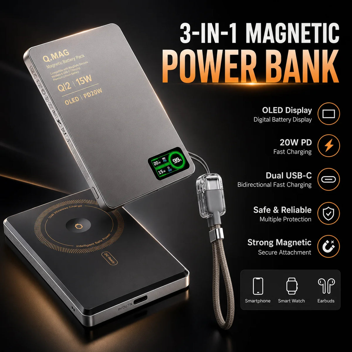 CrownQu E16 - Power Bank Magnetico Wireless 3-in-1 Qi2.1 (5000mAh / 10000mAh)