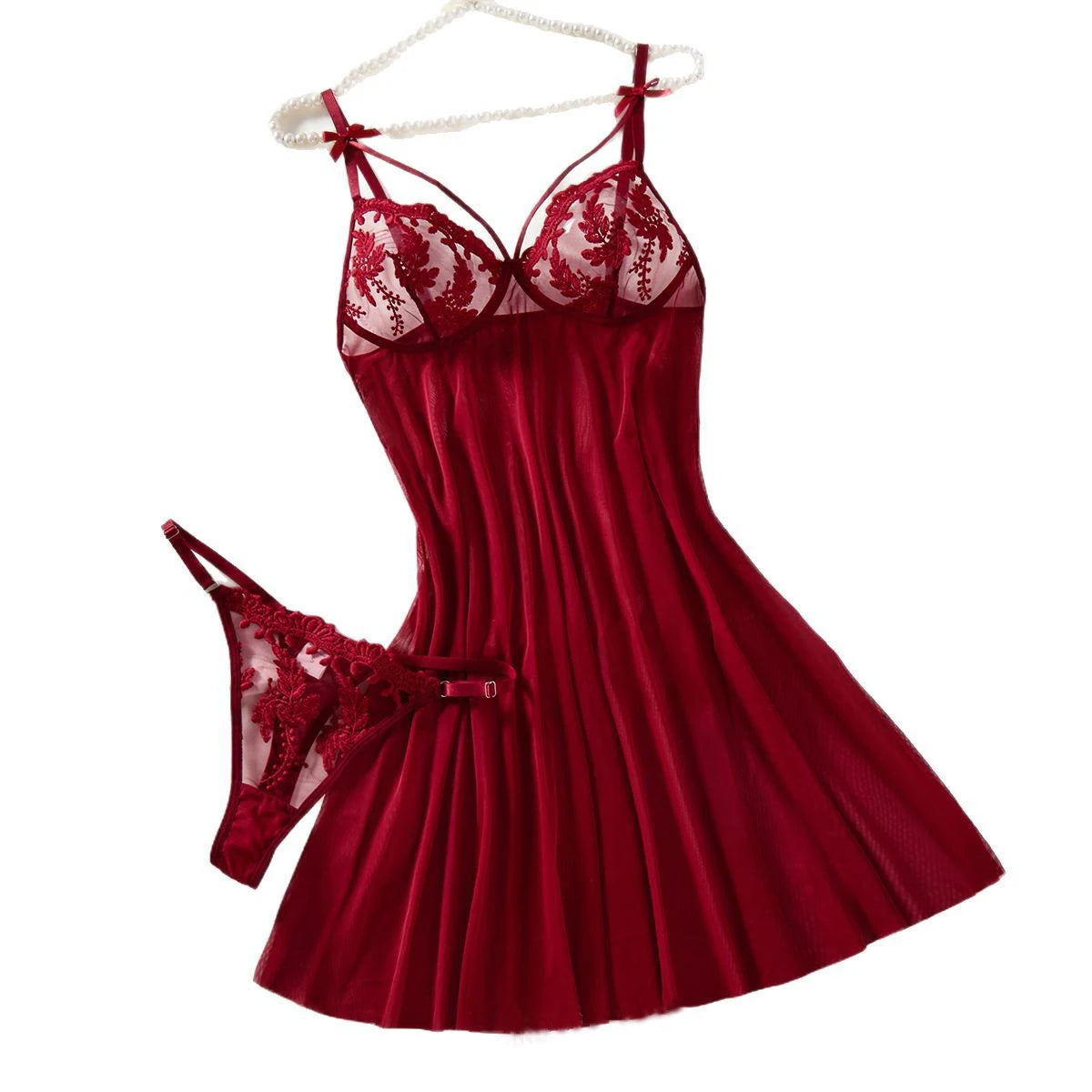 Camicia da Notte Semitrasparente Rosso Vino con Ricamo a Spiga e Fiocco. TK