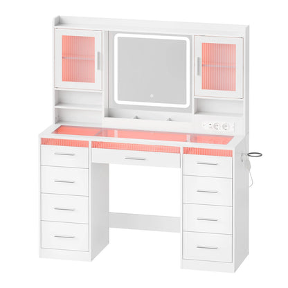 WOLTU Makeup Vanity Table with RGB LED Lighting – Dressing Table with Mirror, 9 Drawers, Glass Top & Storage Cabinets for Bedroom