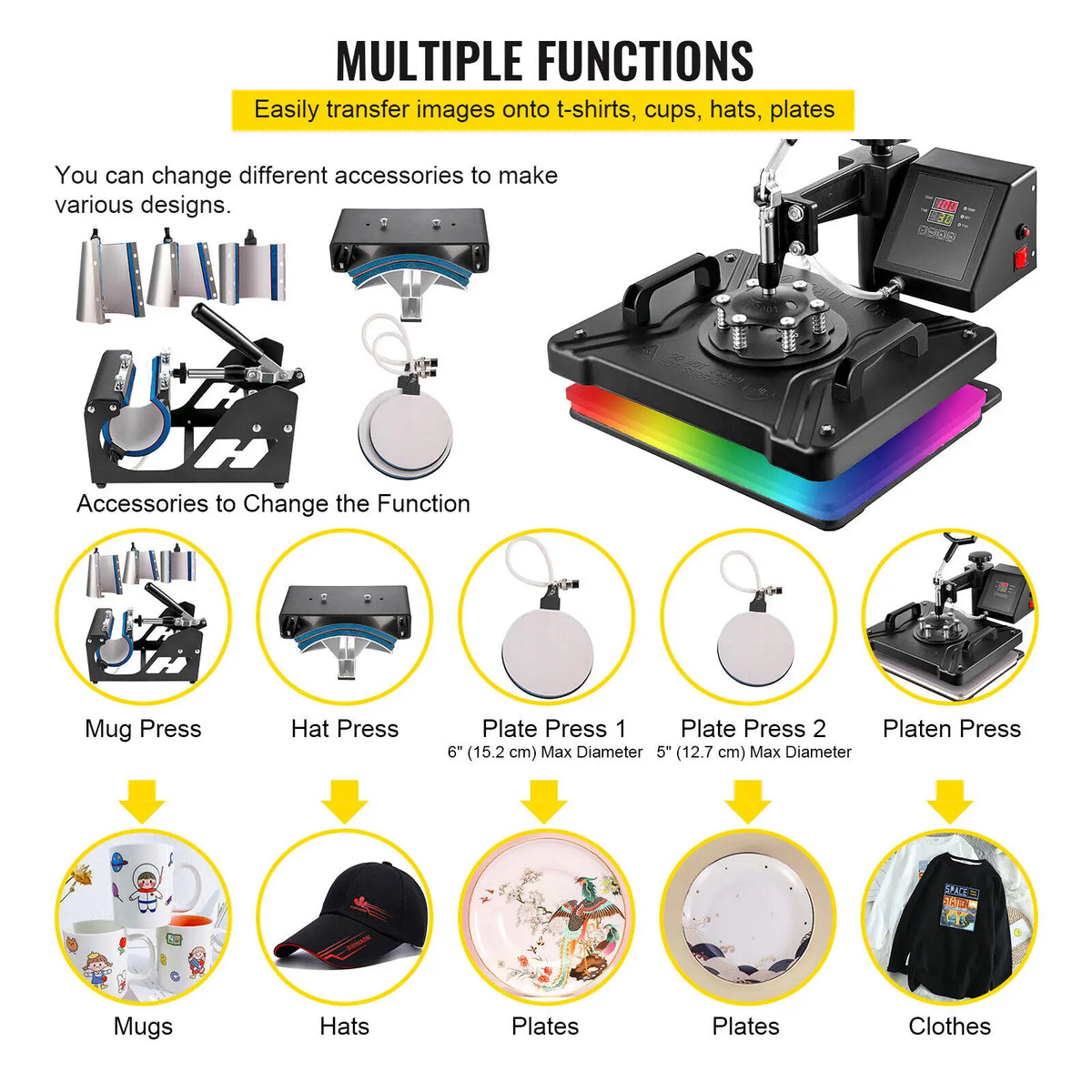 SucceBuy Combo Heat Press Machine 5/6/8 in 1 30*38CM 38*38CM Muntifunctional Sublimation Printer Transfer Mug Hat Plate T-Shirt
