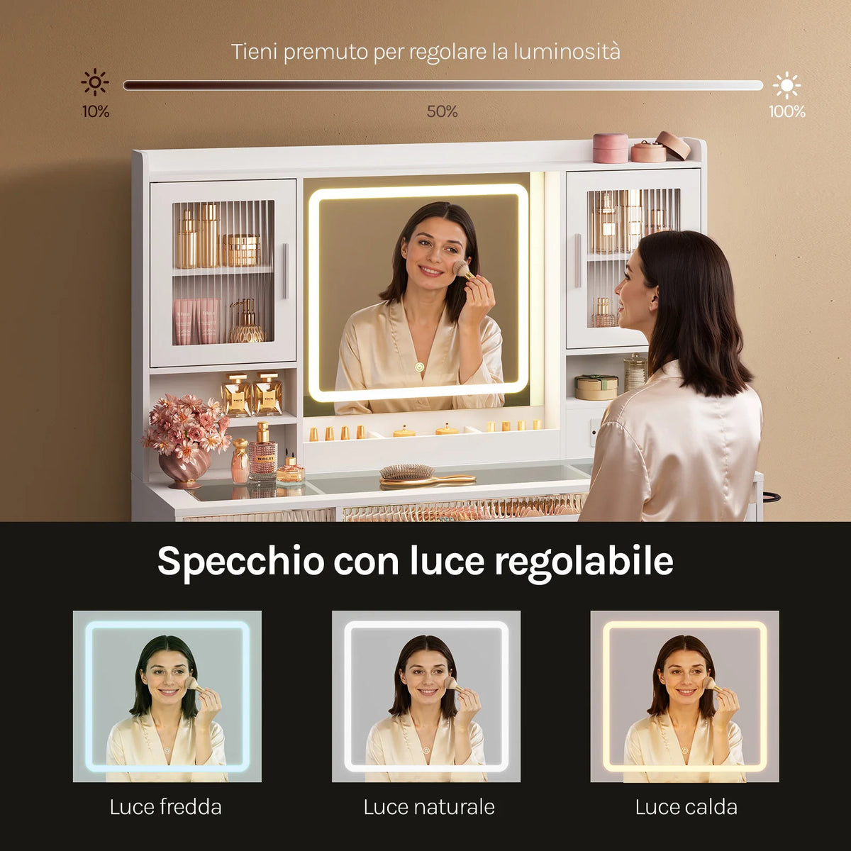 WOLTU Makeup Vanity Table with RGB LED Lighting – Dressing Table with Mirror, 9 Drawers, Glass Top & Storage Cabinets for Bedroom