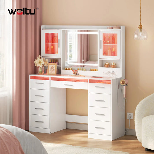 WOLTU Makeup Vanity Table with RGB LED Lighting – Dressing Table with Mirror, 9 Drawers, Glass Top & Storage Cabinets for Bedroom
