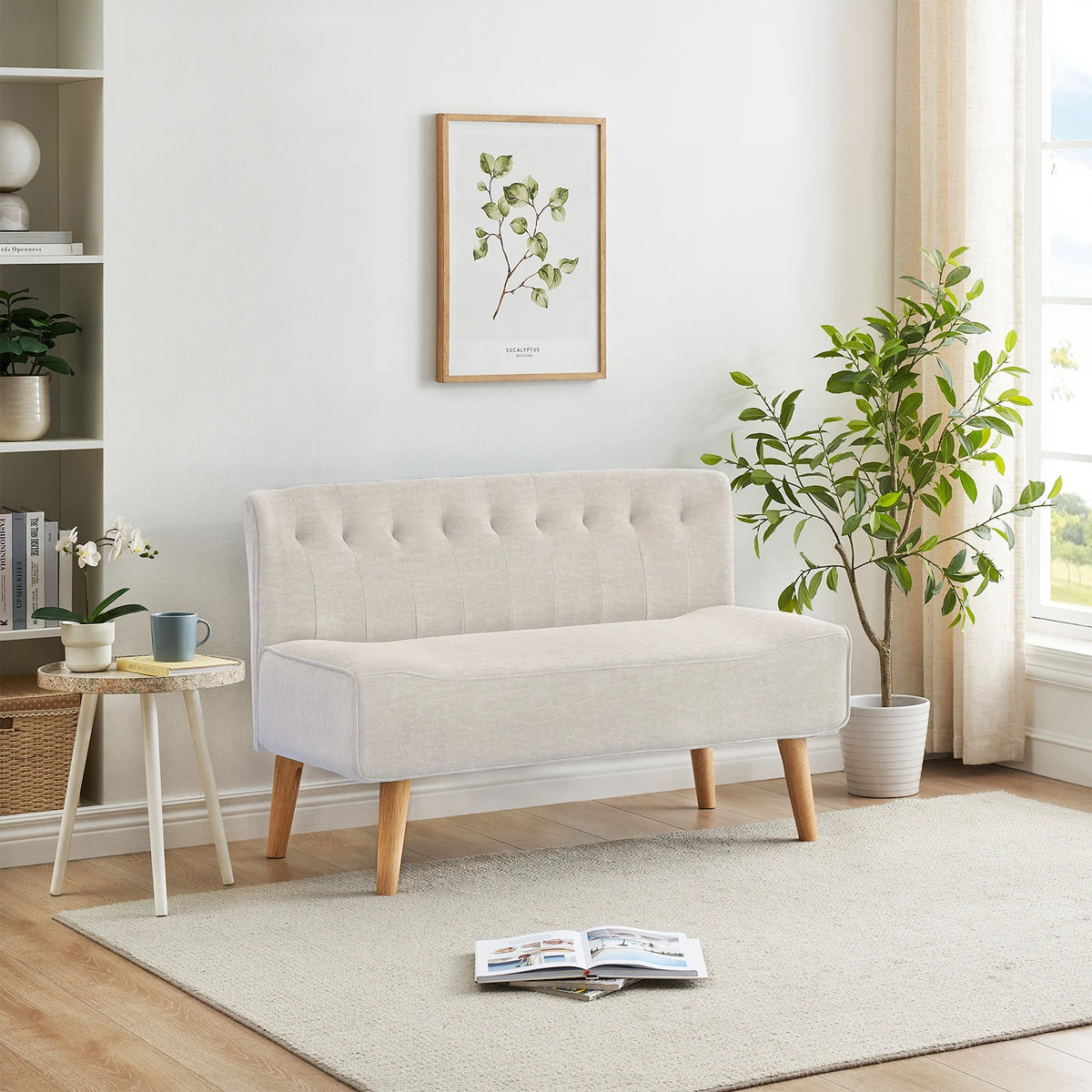 Modern 2 Seater Loveseat Sofa with Linen Upholstery and Wooden Legs Double Sofa for Small Spaces Living room Bedroom Playroom