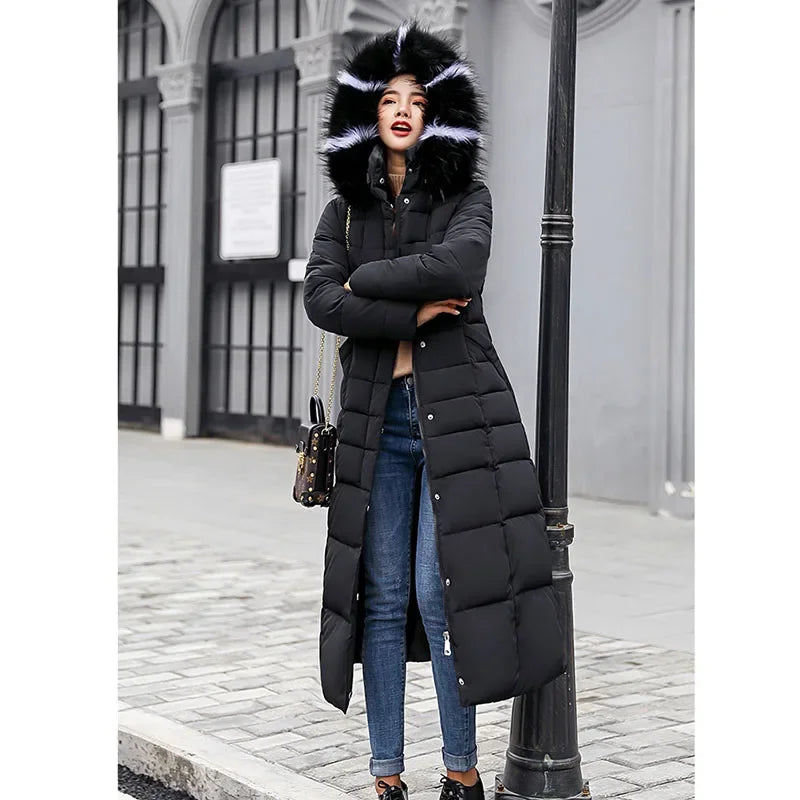 Long Down Cotton Parkas Coat Female New Wnter Over Knee Loose Large Fur Collar Hooded Warm Thick Parkas Women  Padded Overcoat