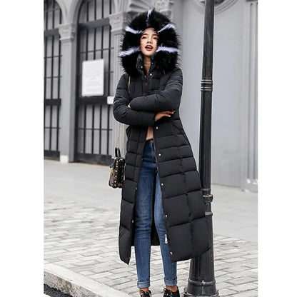 Long Down Cotton Parkas Coat Female New Wnter Over Knee Loose Large Fur Collar Hooded Warm Thick Parkas Women  Padded Overcoat