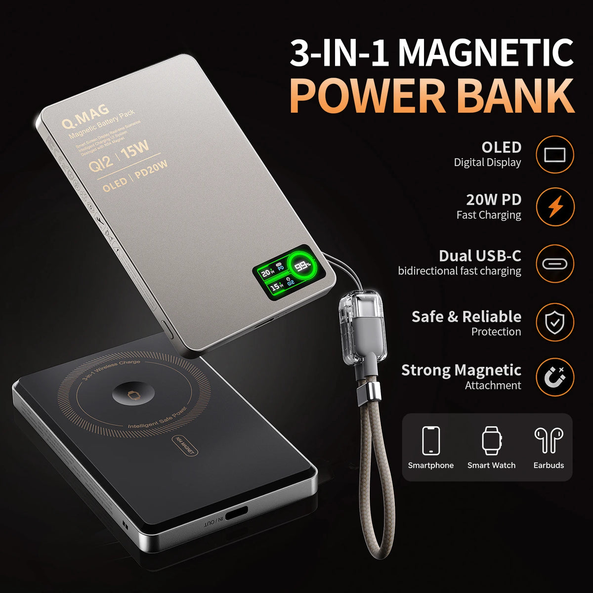 CrownQu E16 - Power Bank Magnetico Wireless 3-in-1 Qi2.1 (5000mAh / 10000mAh)