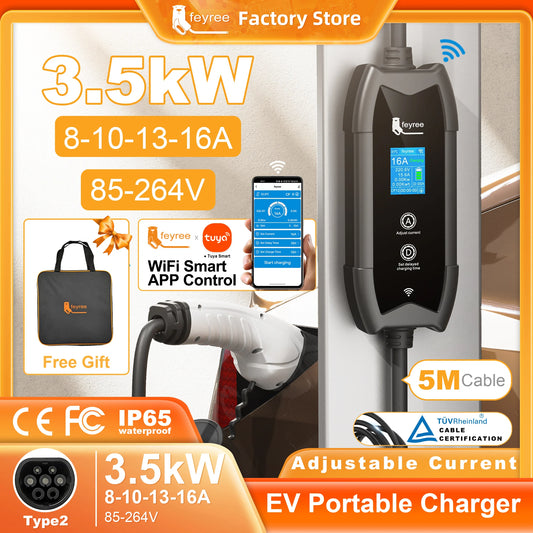 feyree EV Charger Type2 16A 3.5KW 1Phase WIFI APP Control 5M Cable Portable Charging Box Set Charging&DelayTime for EV Cars