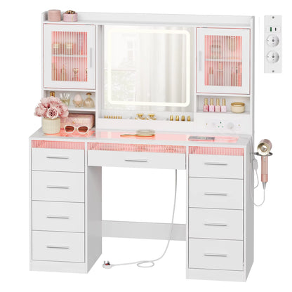 WOLTU Makeup Vanity Table with RGB LED Lighting – Dressing Table with Mirror, 9 Drawers, Glass Top & Storage Cabinets for Bedroom