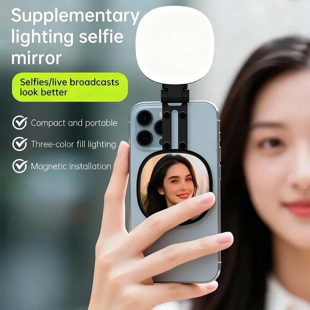 TELESIN Luce di Riempimento Magnetica per Smartphone – Mini Selfie Light LED 3 Modalità, Luminosità Regolabile, Specchio Integrato e Ricarica USB-C