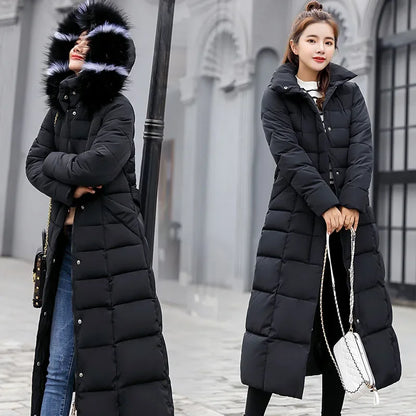 Long Down Cotton Parkas Coat Female New Wnter Over Knee Loose Large Fur Collar Hooded Warm Thick Parkas Women  Padded Overcoat