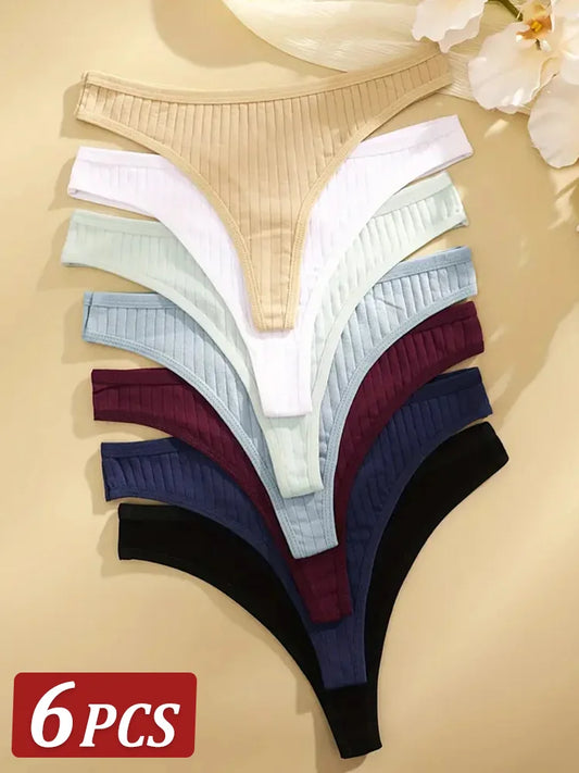 6Pcs/Set Women Cotton Thongs Panties Female Ribbed Low