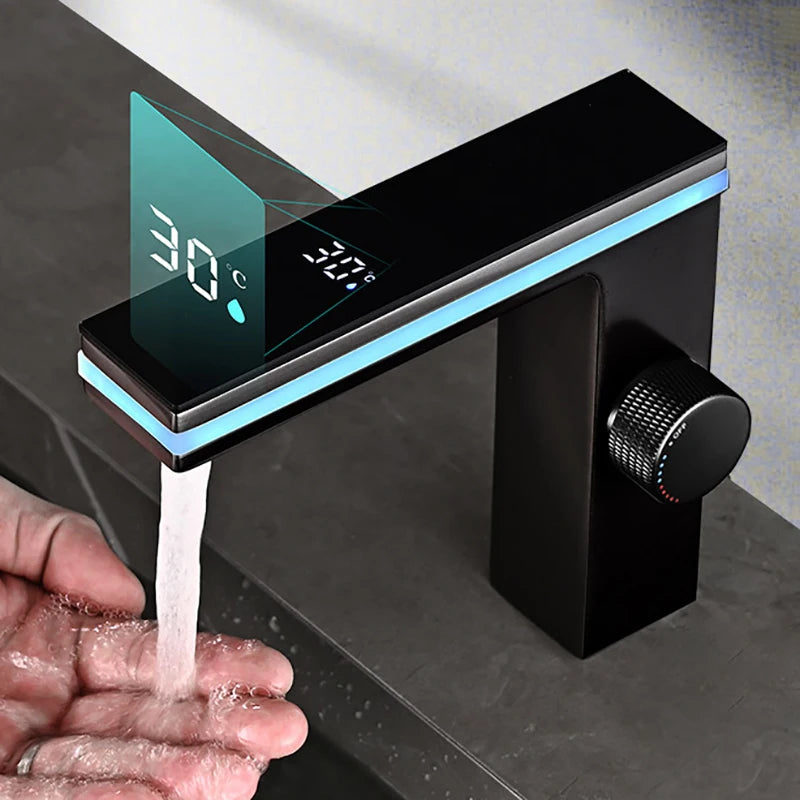 Digital Display Bathroom Basin Faucet Intelligent LED Brass Deck