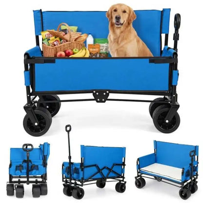 2-in-1 Folding Beach Cart & Bench – Heavy Duty Transport Wagon with Adjustable Push/Pull Handle, Soft Cushions & All-Terrain Wheels – Blue