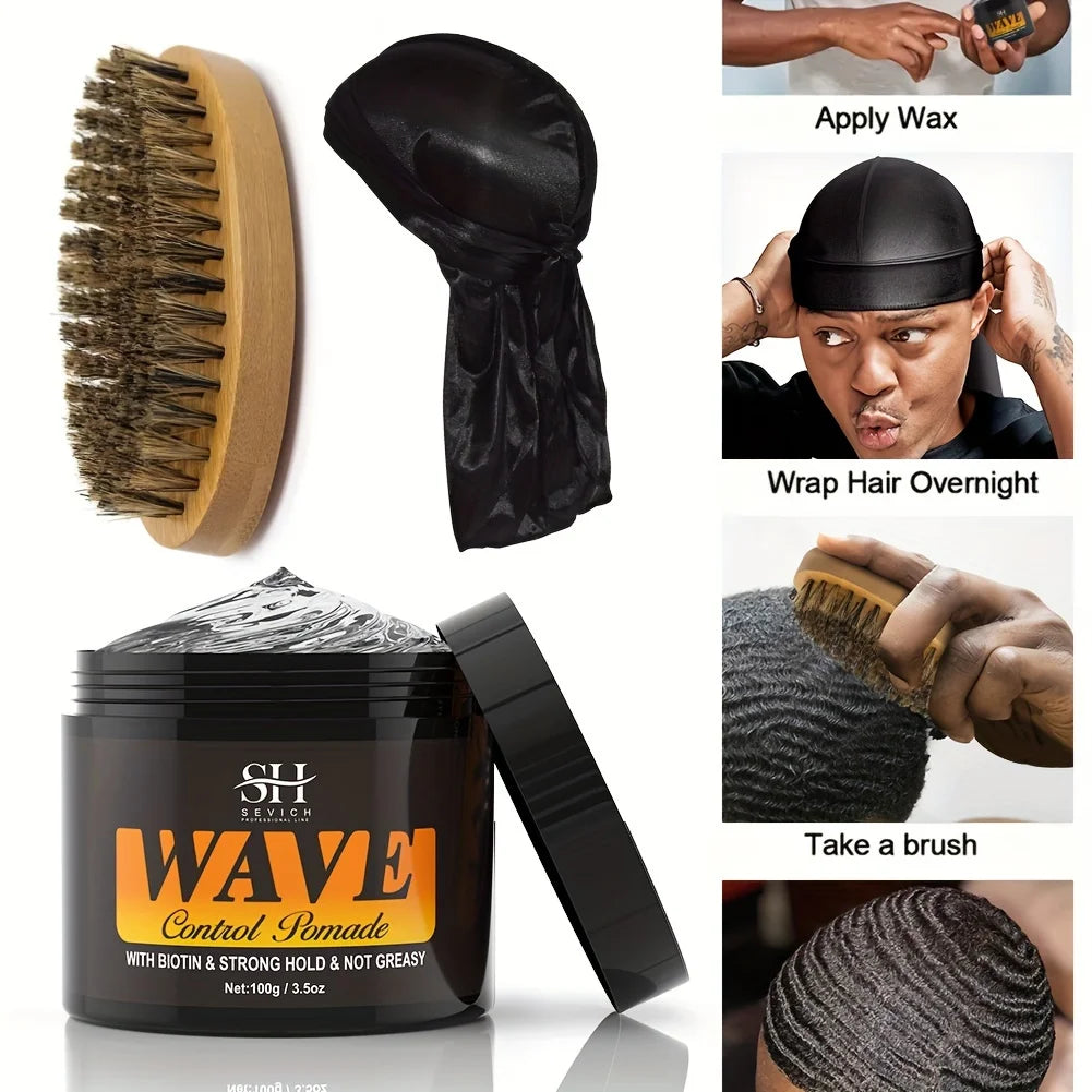 100g Waves Control Pomade Set 360 Wavy Hair Oil With Brush