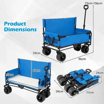 2-in-1 Folding Beach Cart & Bench – Heavy Duty Transport Wagon with Adjustable Push/Pull Handle, Soft Cushions & All-Terrain Wheels – Blue