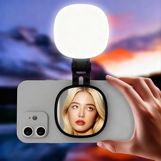 TELESIN Luce di Riempimento Magnetica per Smartphone – Mini Selfie Light LED 3 Modalità, Luminosità Regolabile, Specchio Integrato e Ricarica USB-C