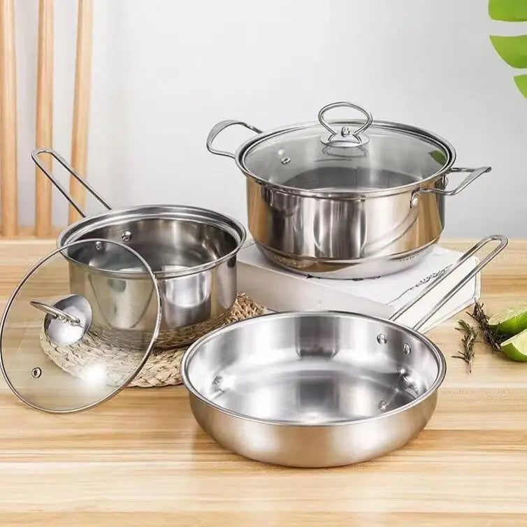 2/3pcs set Stainless Steel Cookware Set Flat Bottom Frying Pan Soup Pot Milk Pot Kit Induction Cooker Cooking Pan for Home Kitch