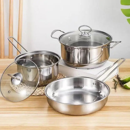 2/3pcs set Stainless Steel Cookware Set Flat Bottom Frying Pan Soup Pot Milk Pot Kit Induction Cooker Cooking Pan for Home Kitch