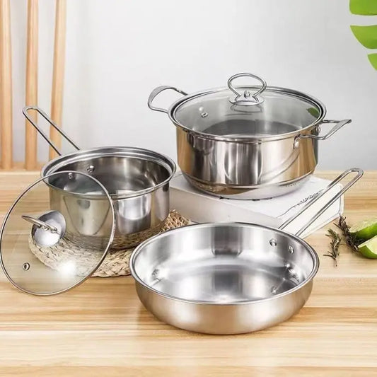 2/3pcs set Stainless Steel Cookware Set Flat Bottom Frying Pan Soup Pot Milk Pot Kit Induction Cooker Cooking Pan for Home Kitch