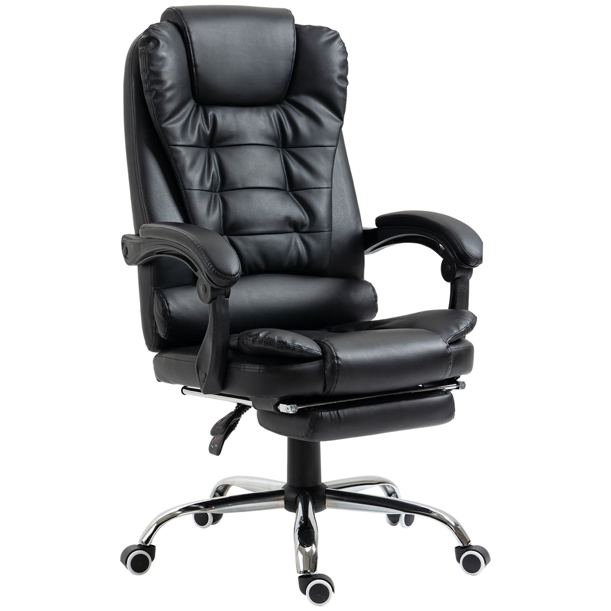 HOMCOM Ergonomic Presidential Office Chair in PU Leather, Swivel Office Chair with High Reclining Back 145, Adjustable Height and Pull-Out Footrest, color Black