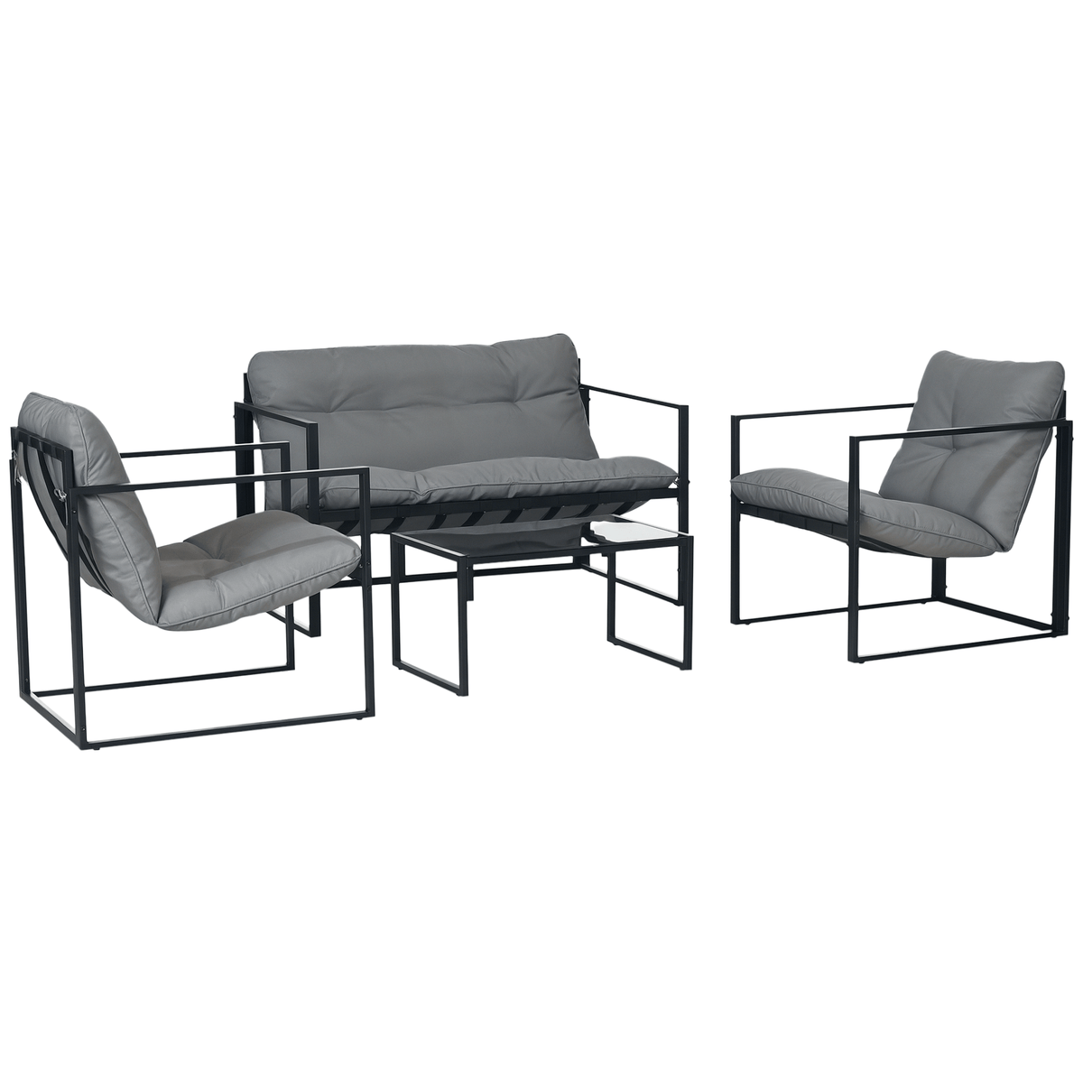 Sunny Set 4pcs Garden Sofa Set, Furniture Set with 2-Seater Sofa, 2 Armchairs, Cushions And Glass Coffee Table, Steel Structure, Black And Grey