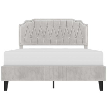 Costoffs Bed Frame with Upholstered And Quilted Headboard Adjustable Height Wooden Bed with Slatted Base Solid Wood And Metal Legs