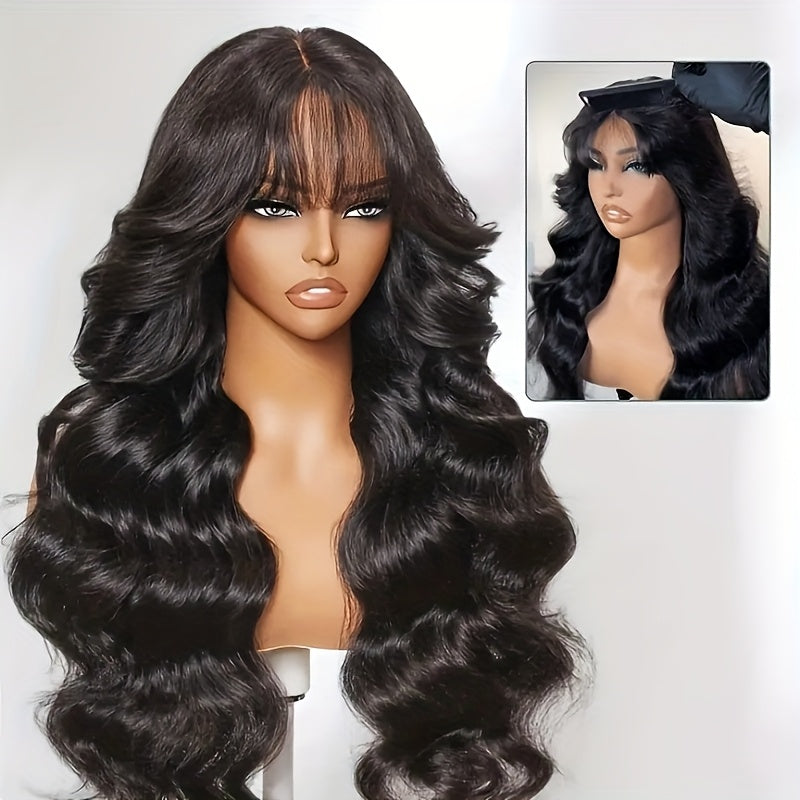 200% Density Brazilian Human Hair Wig Glueless Scalp Top Wig with Natural 1B Color - Body Wavy Long True Length Wig for Women, Machine-Made Full Hair No Lace Front Wigs Suitable for Skin Tones