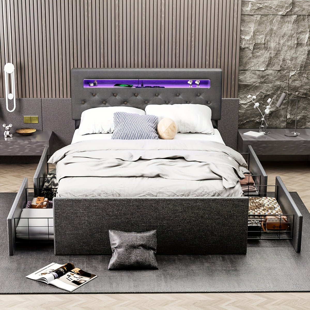 letto matrimoniale 140x200 cm con luci LED, testiera imbottita con vano contenitore silenziosa, colore grigio