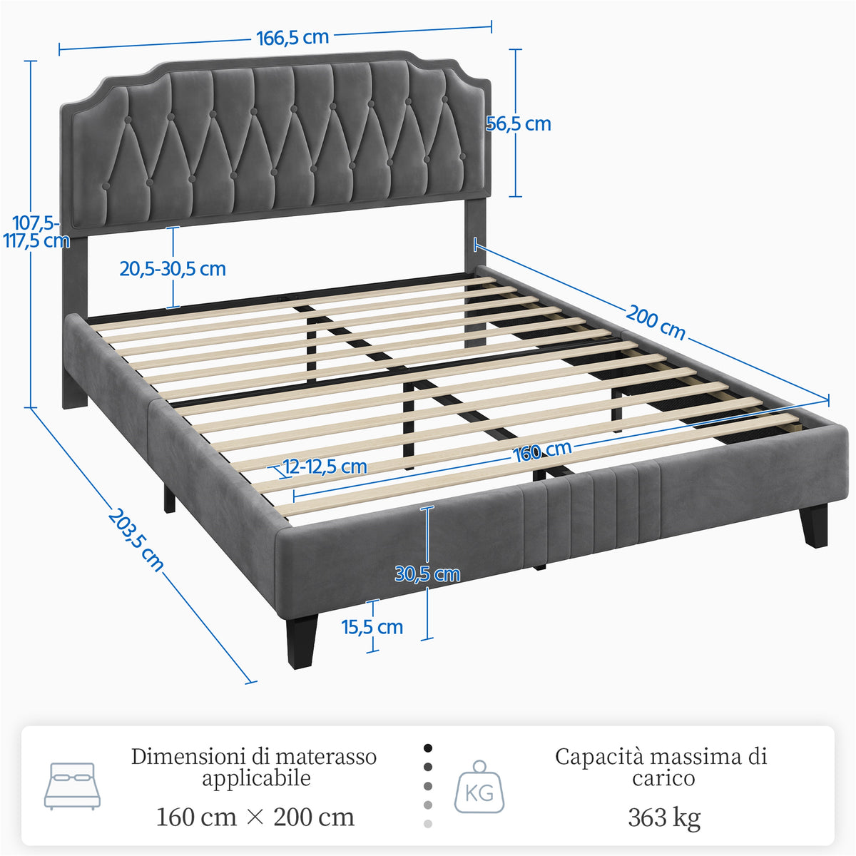 Costoffs Bed Frame with Upholstered And Quilted Headboard Adjustable Height Wooden Bed with Slatted Base Solid Wood And Metal Legs
