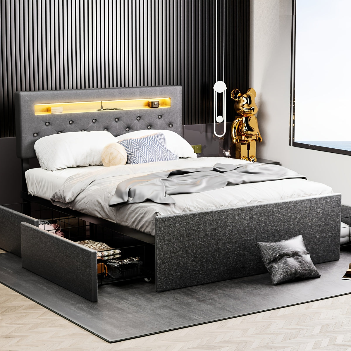 letto matrimoniale 140x200 cm con luci LED, testiera imbottita con vano contenitore silenziosa, colore grigio