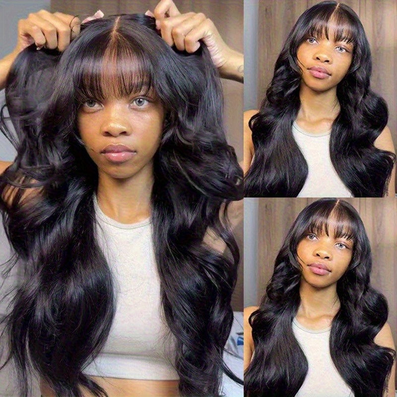 200% Density Brazilian Human Hair Wig Glueless Scalp Top Wig with Natural 1B Color - Body Wavy Long True Length Wig for Women, Machine-Made Full Hair No Lace Front Wigs Suitable for Skin Tones