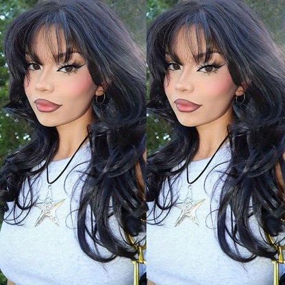 200% Density Brazilian Human Hair Wig Glueless Scalp Top Wig with Natural 1B Color - Body Wavy Long True Length Wig for Women, Machine-Made Full Hair No Lace Front Wigs Suitable for Skin Tones