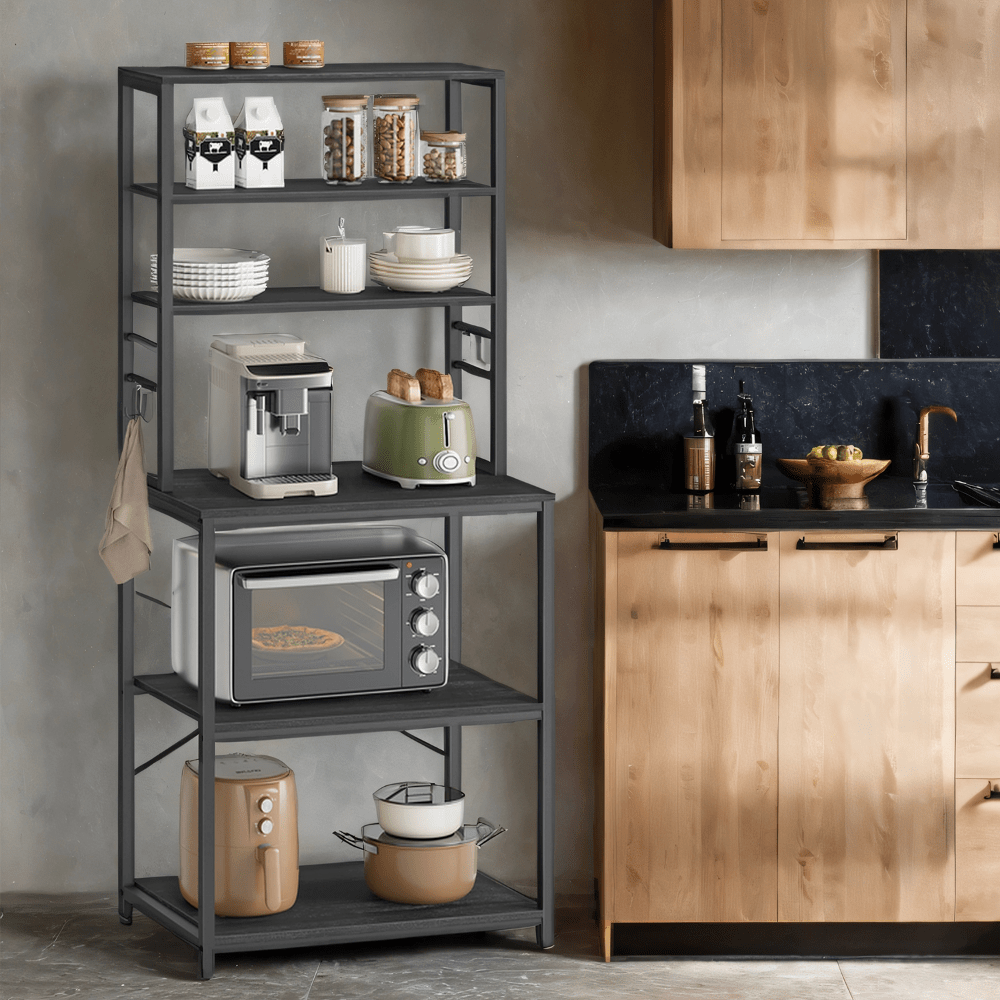 Kitchen Shelf with Power Strip, Microwave Oven Cabinet with Shelves and Hooks