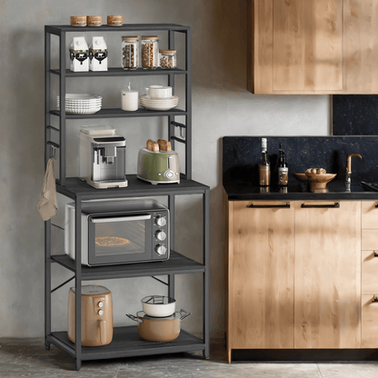 Kitchen Shelf with Power Strip, Microwave Oven Cabinet with Shelves and Hooks