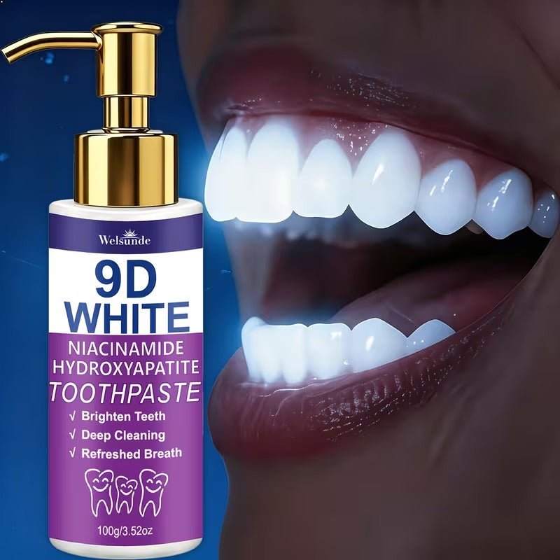 Rivoluziona il tuo sorriso e ottieni denti visibilmente più luminosi con il Dentifricio Viola Sbiancante 9D White. TK