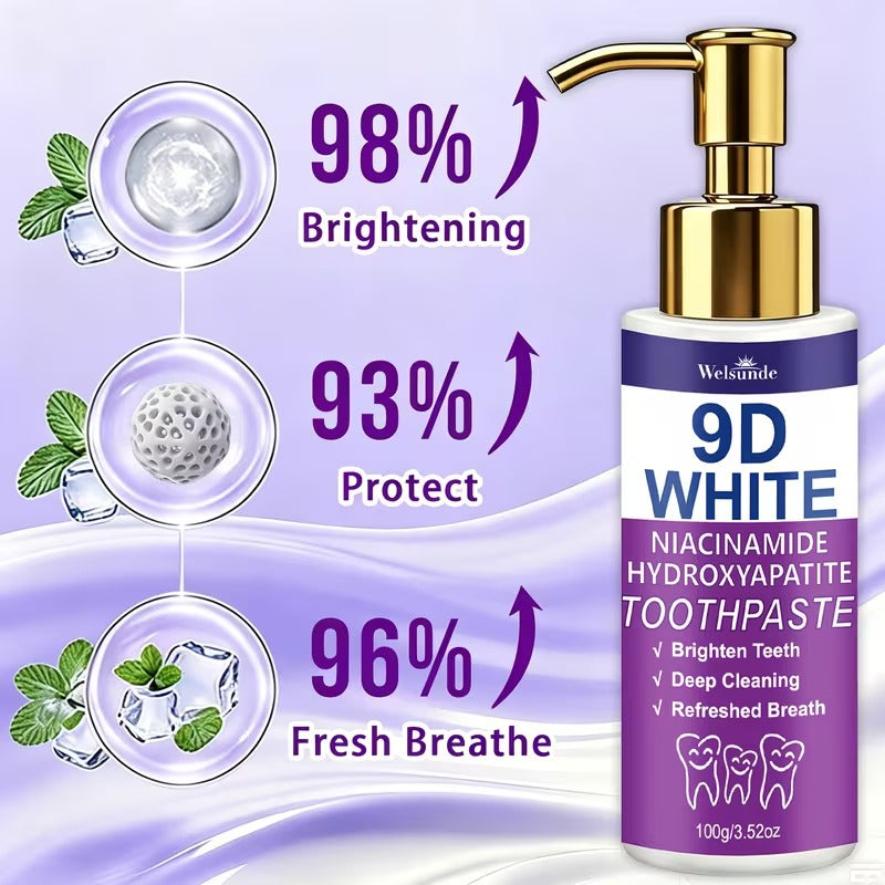 Rivoluziona il tuo sorriso e ottieni denti visibilmente più luminosi con il Dentifricio Viola Sbiancante 9D White. TK