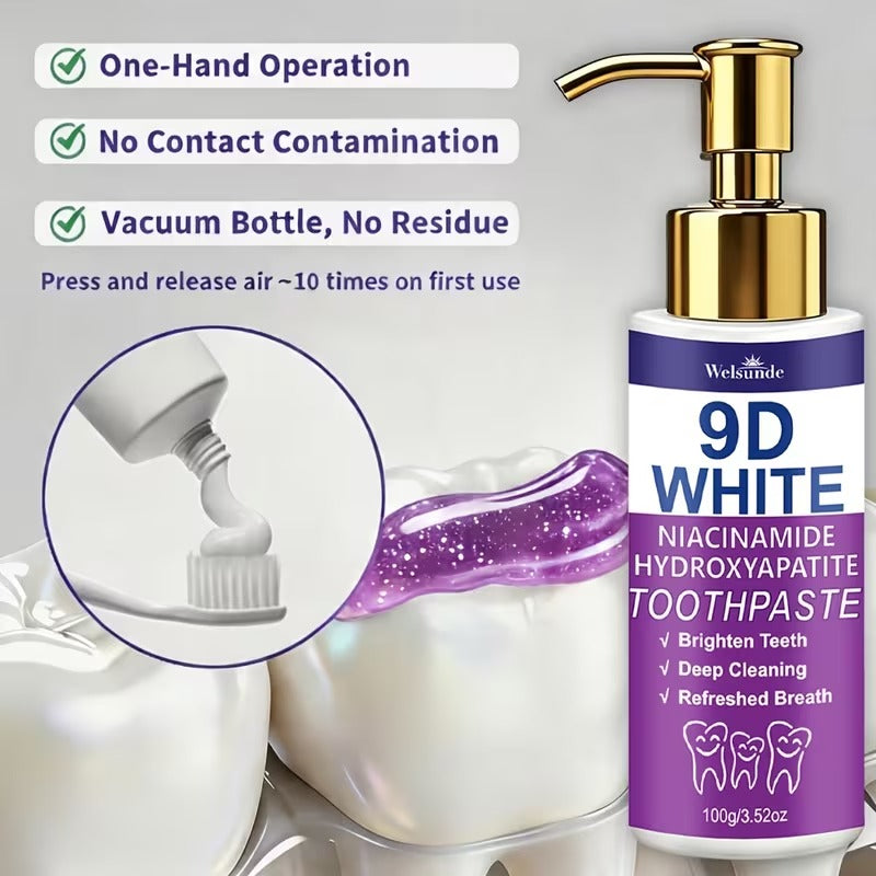 Rivoluziona il tuo sorriso e ottieni denti visibilmente più luminosi con il Dentifricio Viola Sbiancante 9D White. TK