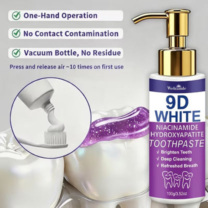 Rivoluziona il tuo sorriso e ottieni denti visibilmente più luminosi con il Dentifricio Viola Sbiancante 9D White. TK
